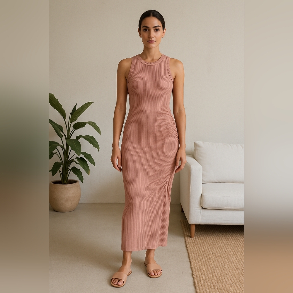 A New Day Ribbed Ruched Maxi Dress L – Minimalist Nude Chic Resortwear